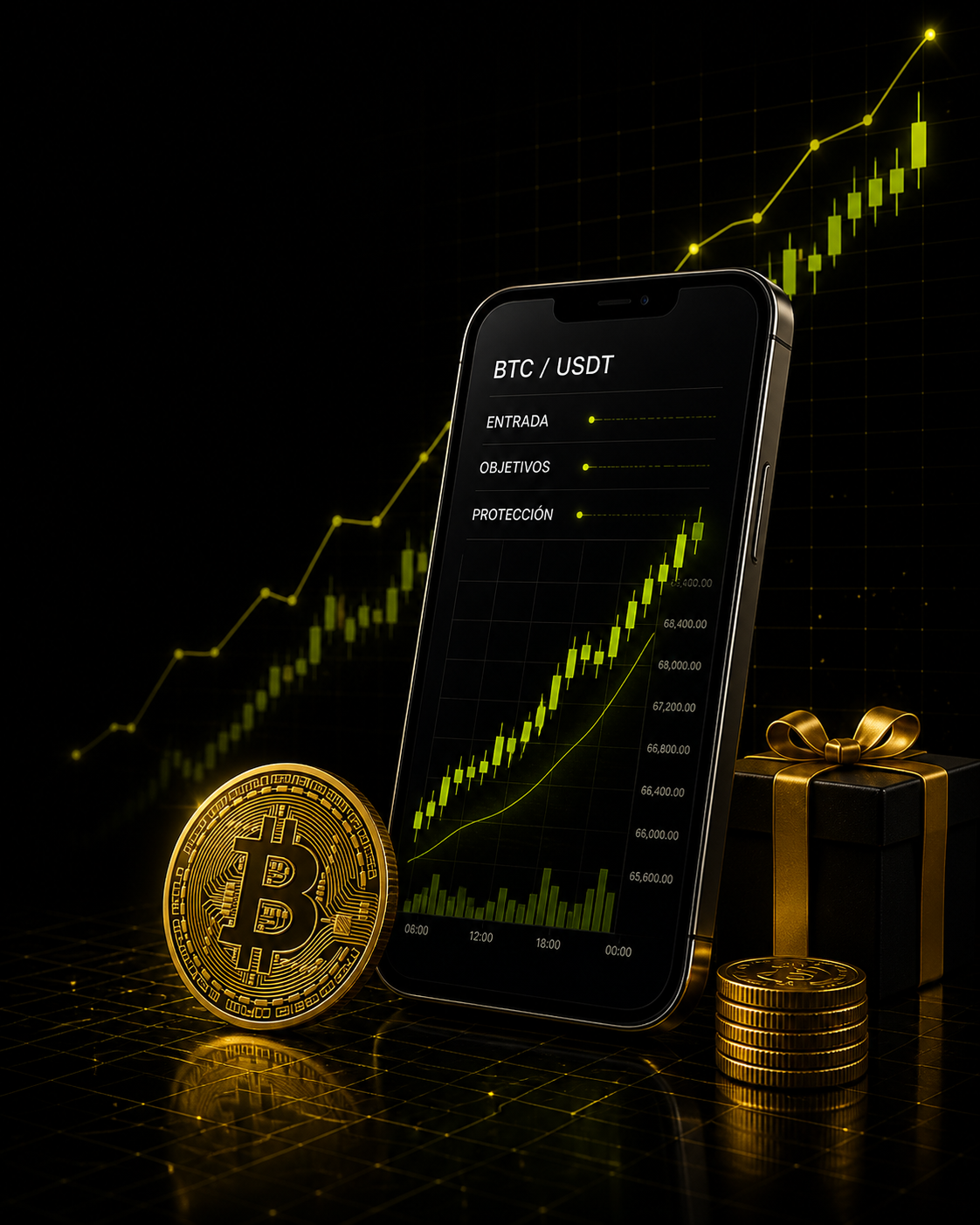 Teléfono con gráfico de mercado y Bitcoin