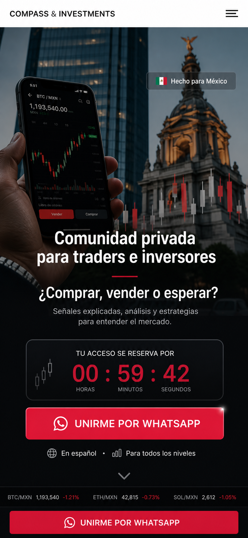 Vista de México con un teléfono mostrando un gráfico de mercado